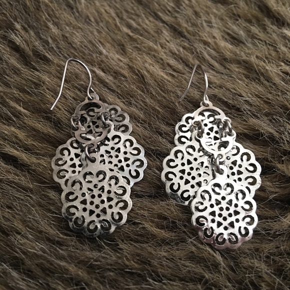 Silver tone dangle scroll disc fish hook earrings - Picture 3 of 3